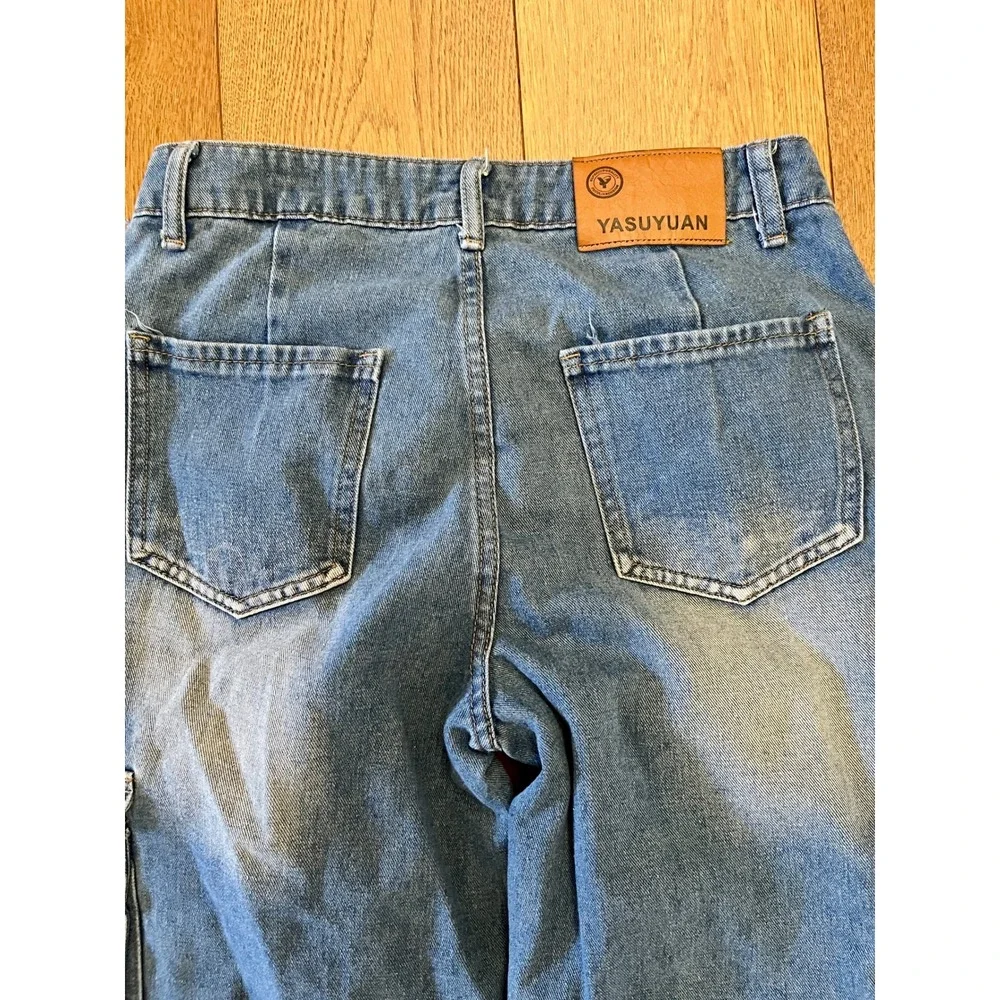YASUYUAN Men's Blue Wide-Leg Denim Jeans Distressed Fringe Cotton Polyester 30 - Picture 13 of 15